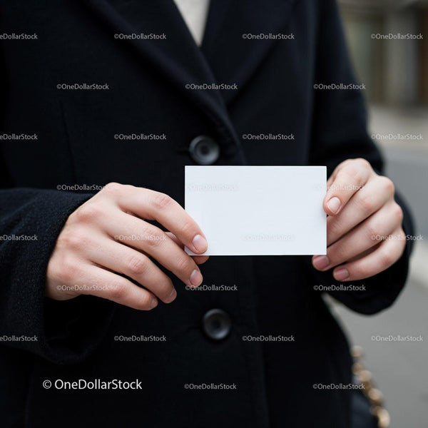 Person Holding Blank White Card Against Black Coat JPG Mockup Image