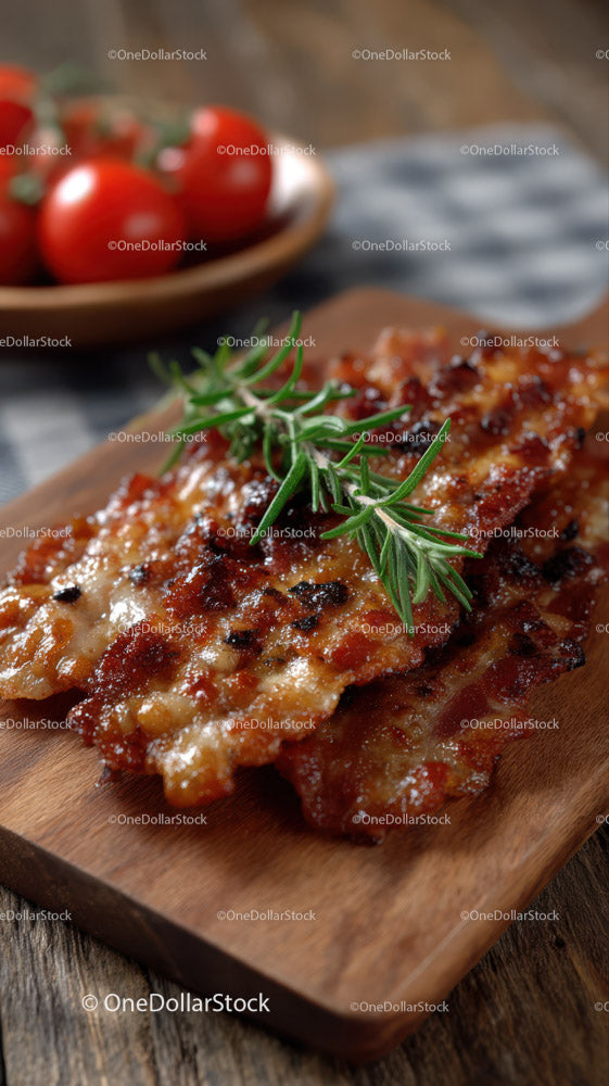Juicy Grilled Ribs with Fresh Rosemary on Wooden Platter