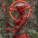 Futuristic Samurai in Neon Red Armor Holding Umbrella