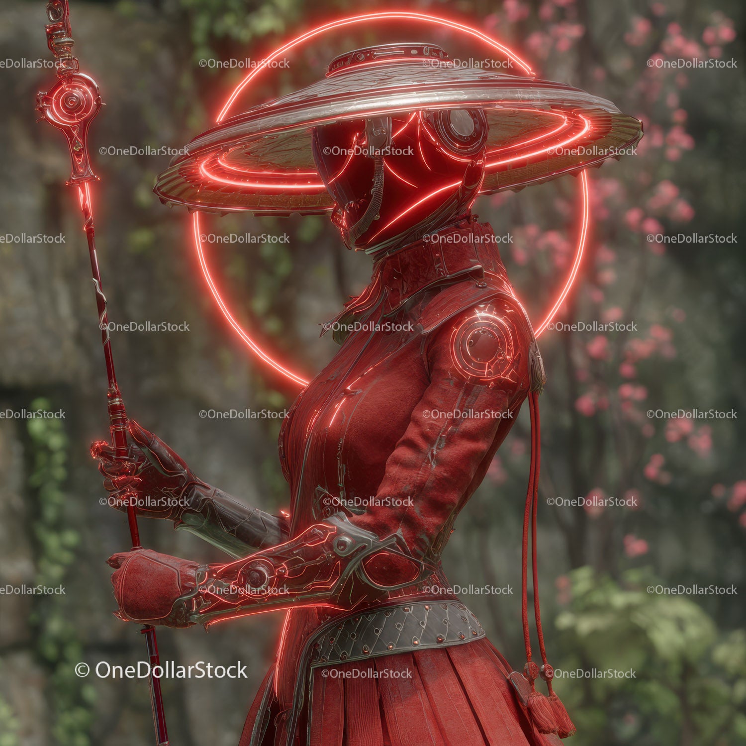 Futuristic Samurai in Neon Red Armor Holding Umbrella
