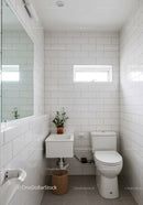 Modern White Tiled Bathroom with Natural Light and Green Plant