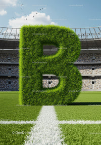 Large Grass Letter B on Soccer Field with Stadium Crowd