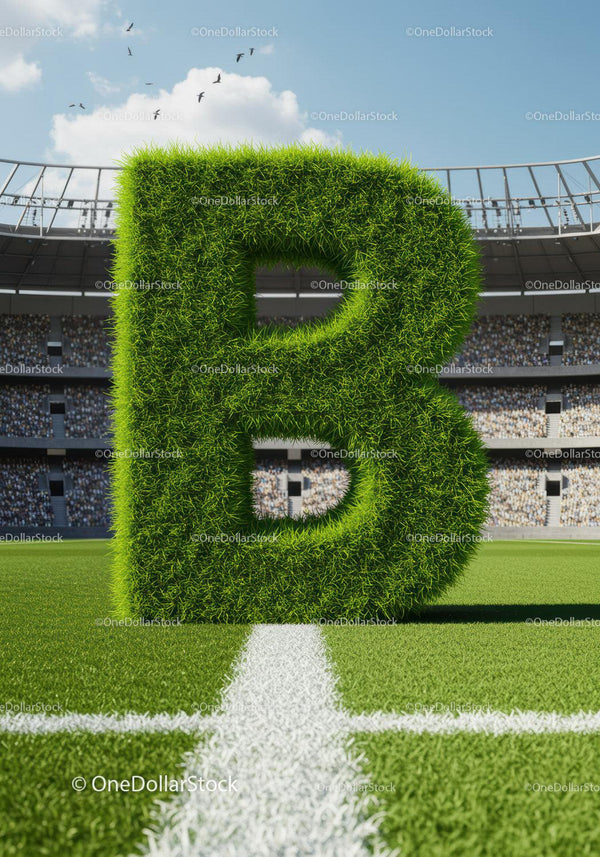 Duża trawiasta litera B na boisku piłkarskim z tłumem na stadionie