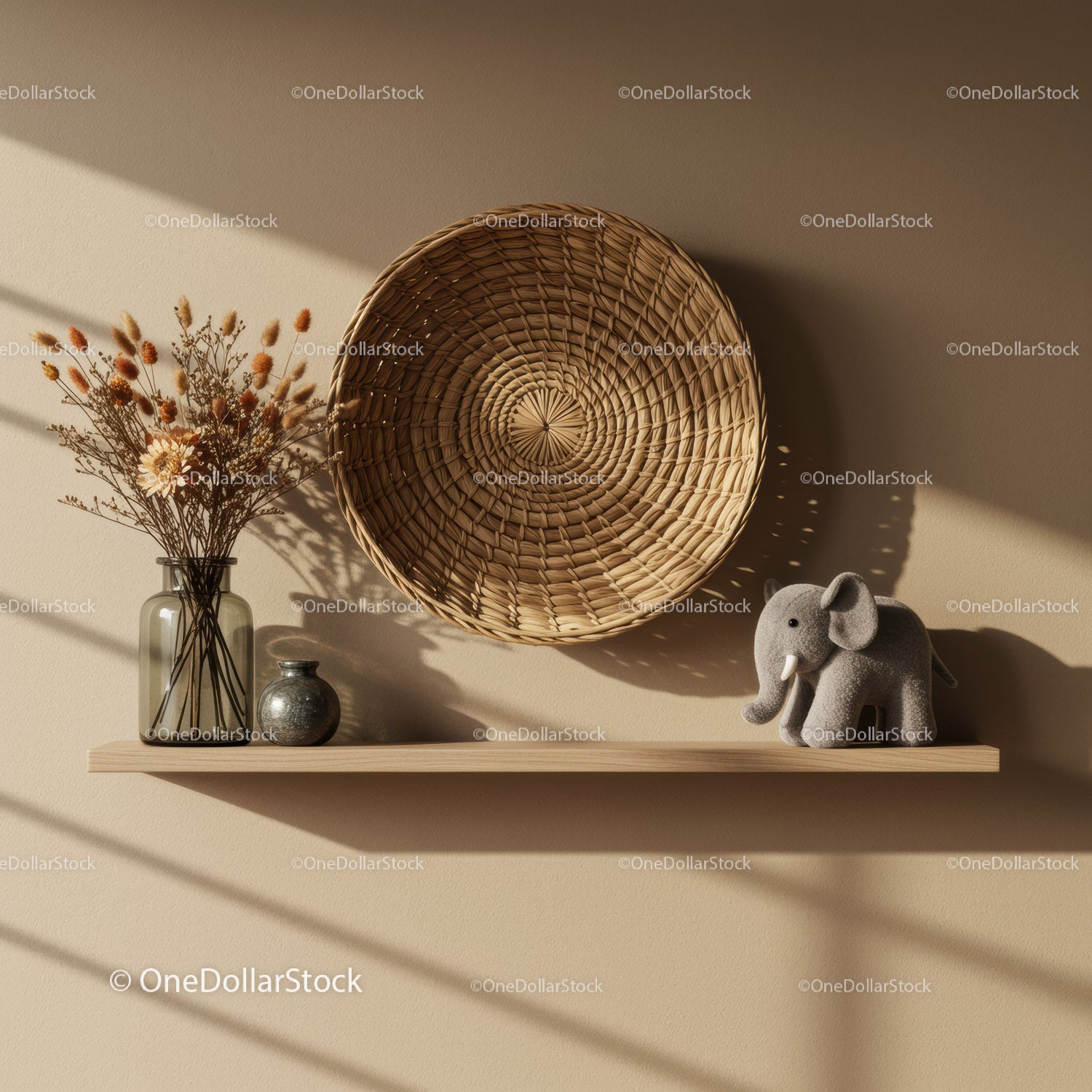 Minimalist decor with dried flowers and elephant figurine