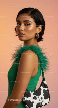 Chic Fashion Portrait of a Woman with Green Feathered Details and Cow Print Bag