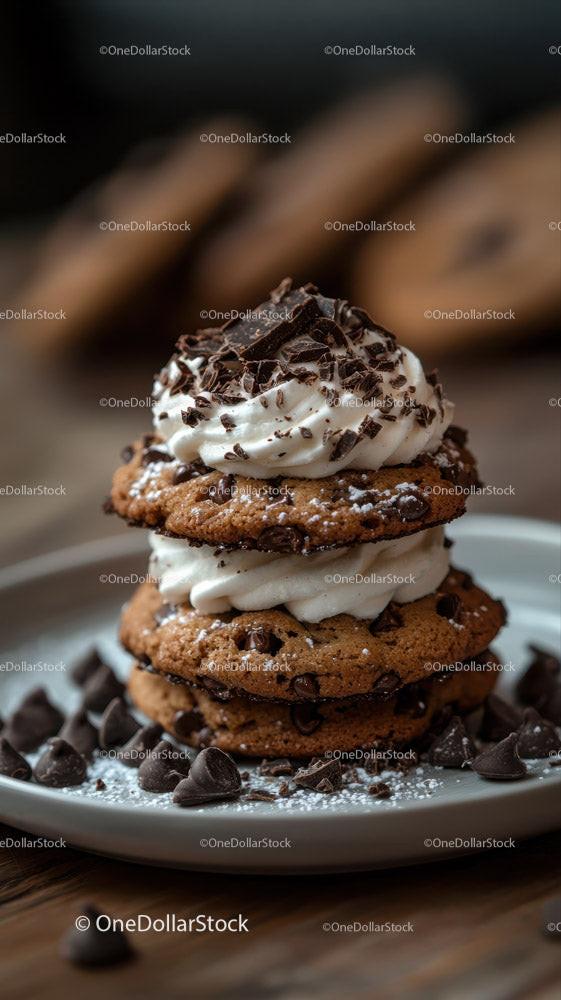 Chocolate Chip Cookies with Whipped Cream and Chocolate Shavings