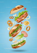 Floating Hot Dog Ingredients with Fresh Lettuce and Mustard