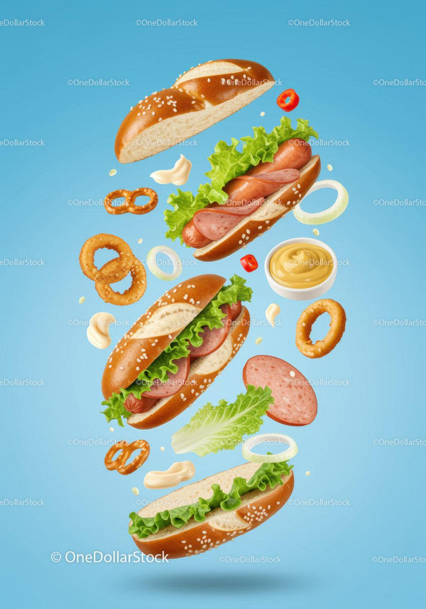 Floating Hot Dog Ingredients with Fresh Lettuce and Mustard