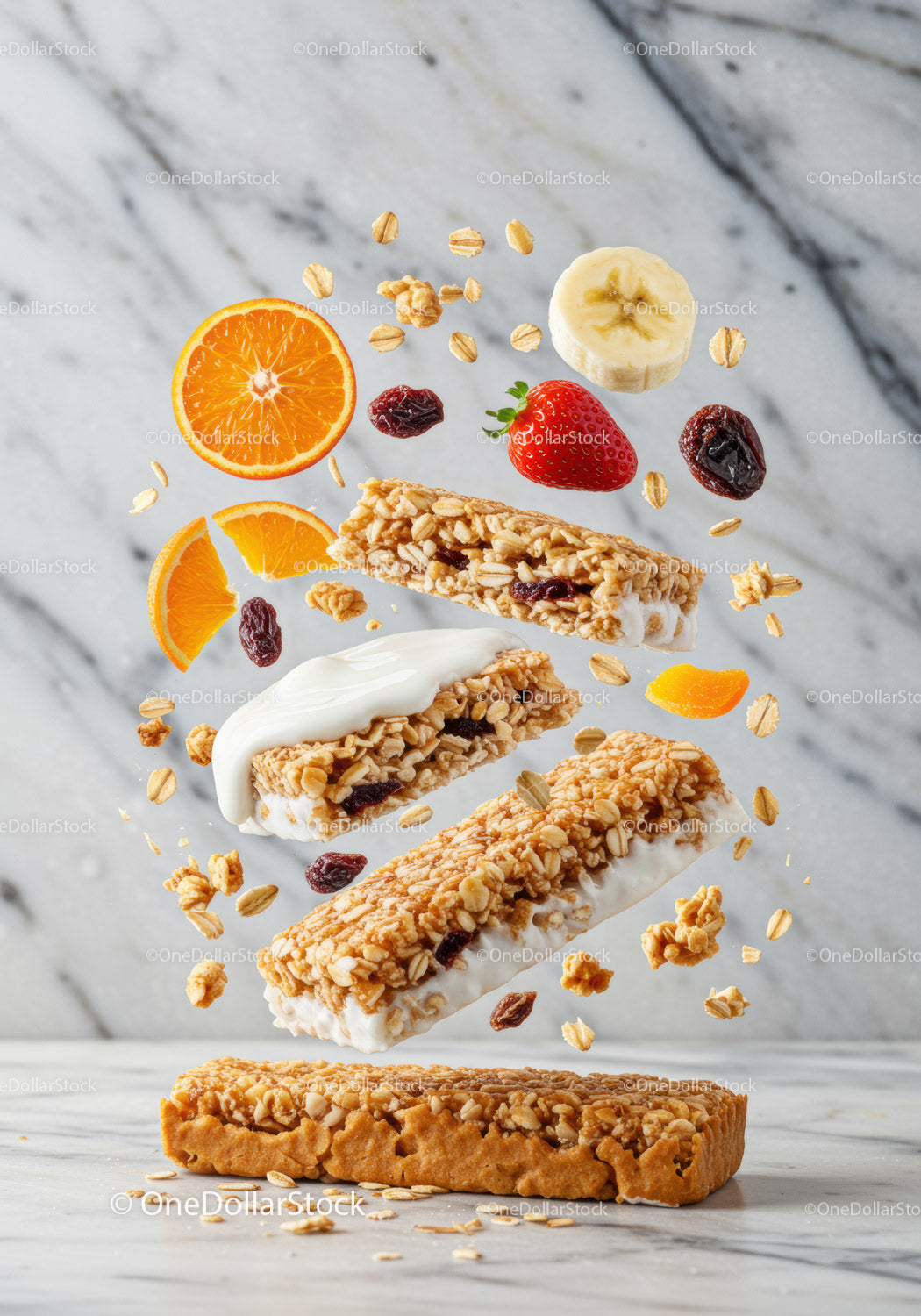 Granola bar with fresh fruit and yogurt on marble