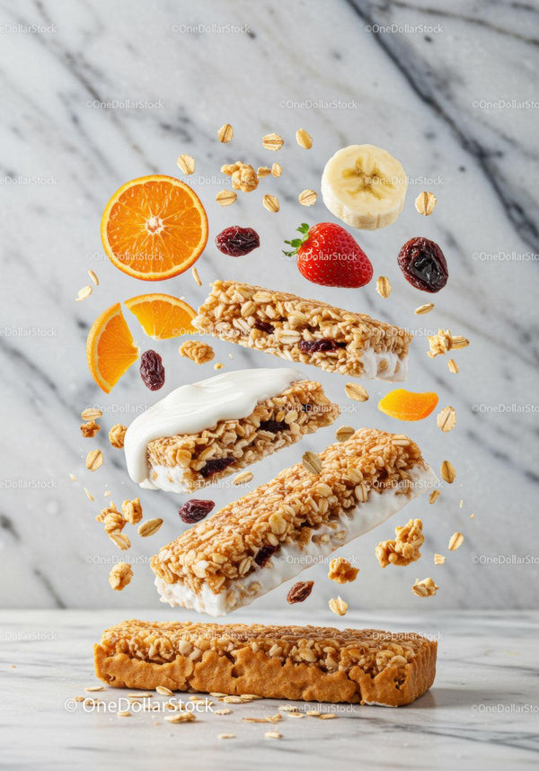 Granola bar with fresh fruit and yogurt on marble