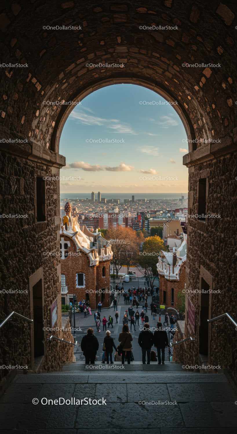 Scenic View Through Stone Arch Framing Urban Skyline at Golden Hour