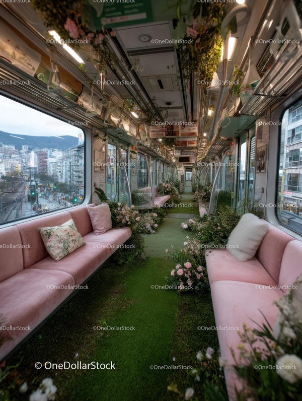 Urban Green Oasis Inside a Flower-Decorated Bus with City View