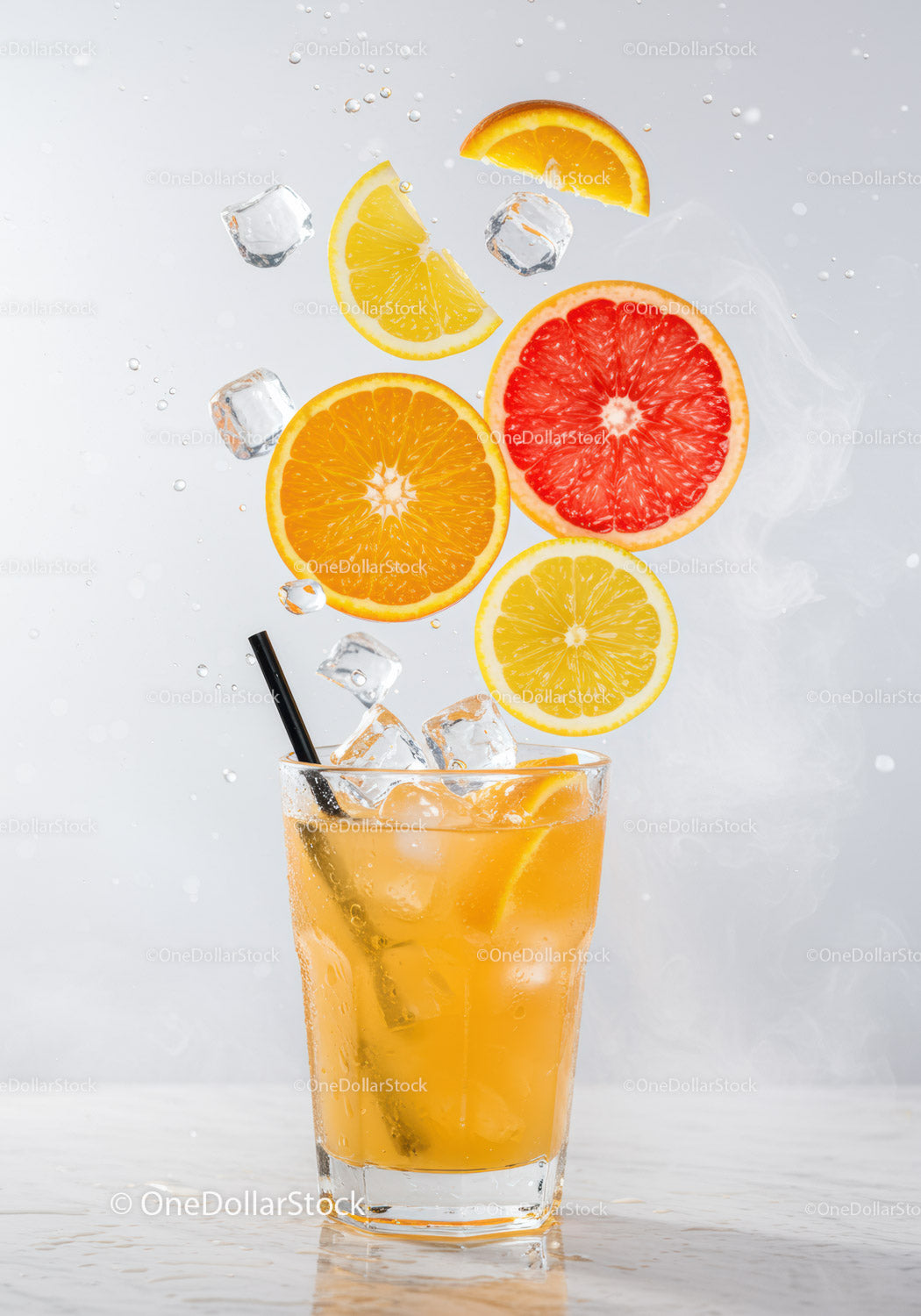 Refreshing Citrus Drink with Ice and Floating Fruit Slices