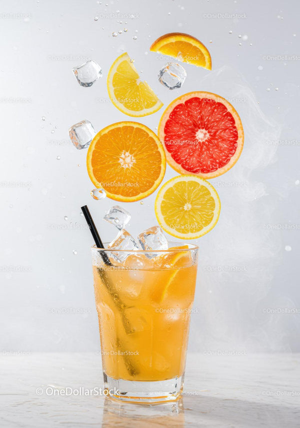 Refreshing Citrus Drink with Ice and Floating Fruit Slices