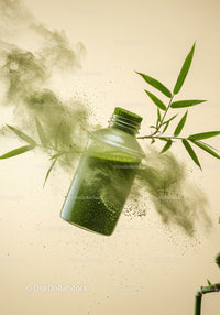 Green Powder Splash Around Juice Bottle with Bamboo Leaves