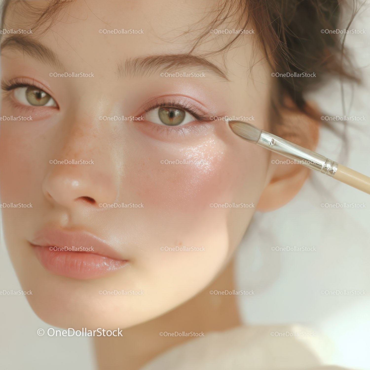 Young Woman Applying Eye Makeup with a Cosmetic Brush