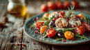 Vibrant Fresh Tomato and Mozzarella Salad with Herbs on Rustic Plate