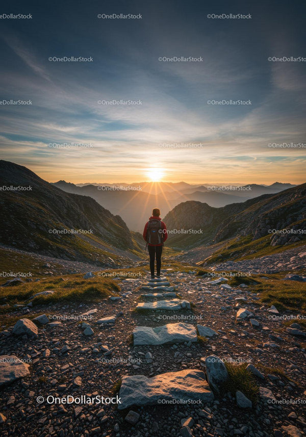 Hiker standing on rocky trail watching mountain sunset