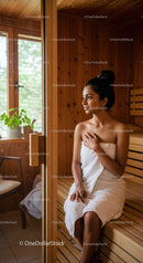 Relaxing Woman Sitting Calmly in Wooden Spa Room