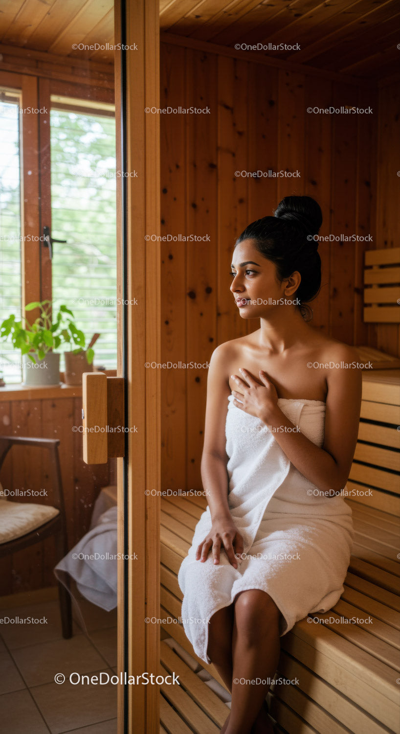 Relaxing Woman Sitting Calmly in Wooden Spa Room