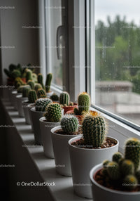 Collection of Green Cacti and Succulents on Windowsill in Modern Home