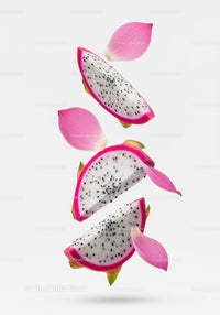 Fresh dragon fruit slices with pink petals floating