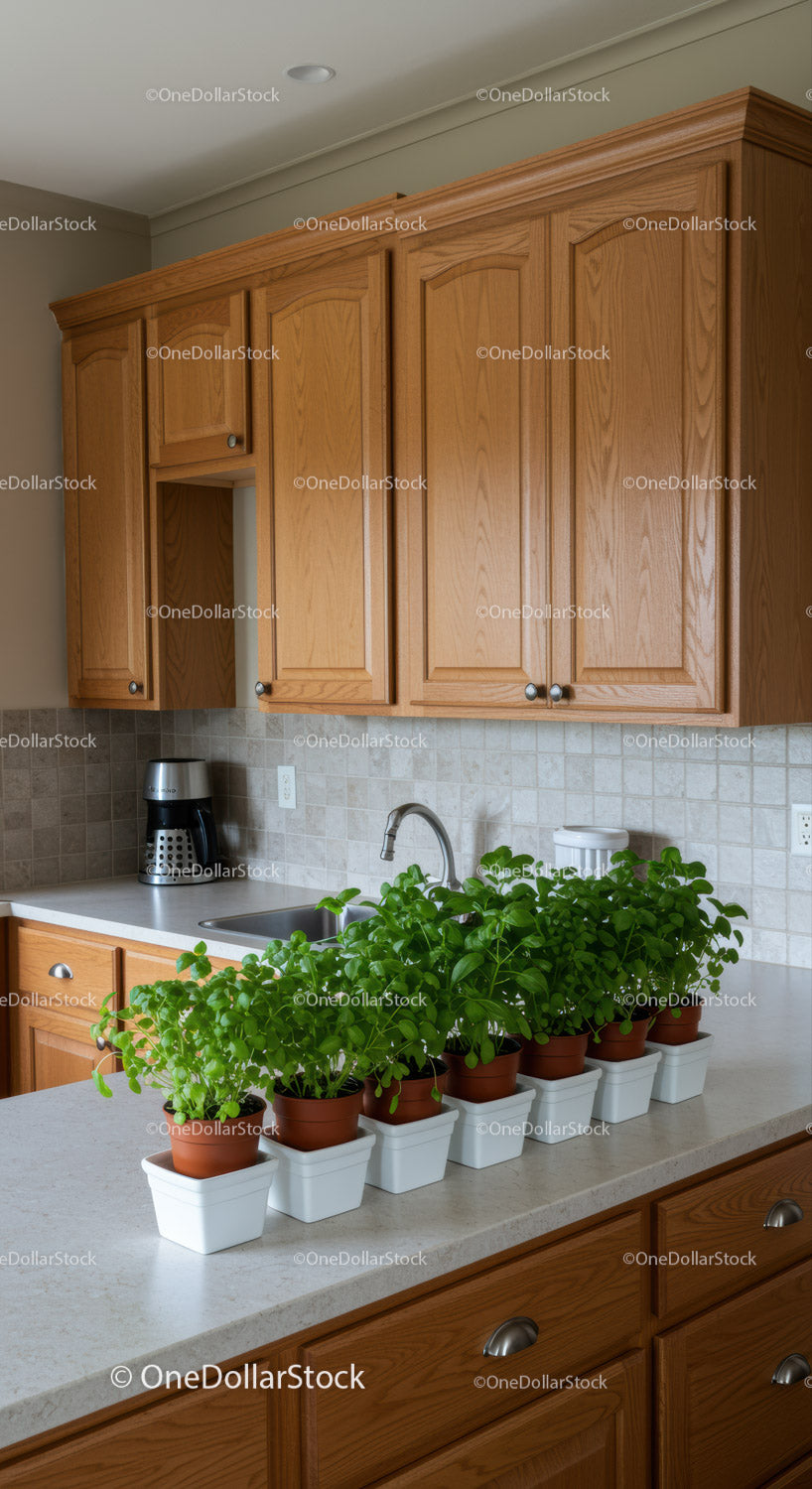 Wooden Kitchen Cabinets with Greenhouse Plants on Beige Countertop