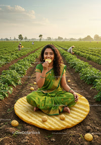 Woman in green sari enjoying potato chips in field