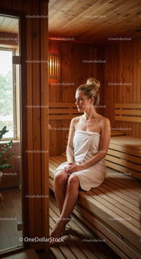 Relaxing Woman Sitting in Sauna with Wooden Interior and Natural Light