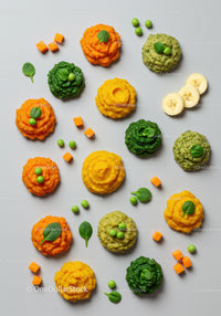 Colorful vegetable and fruit purees with fresh greens