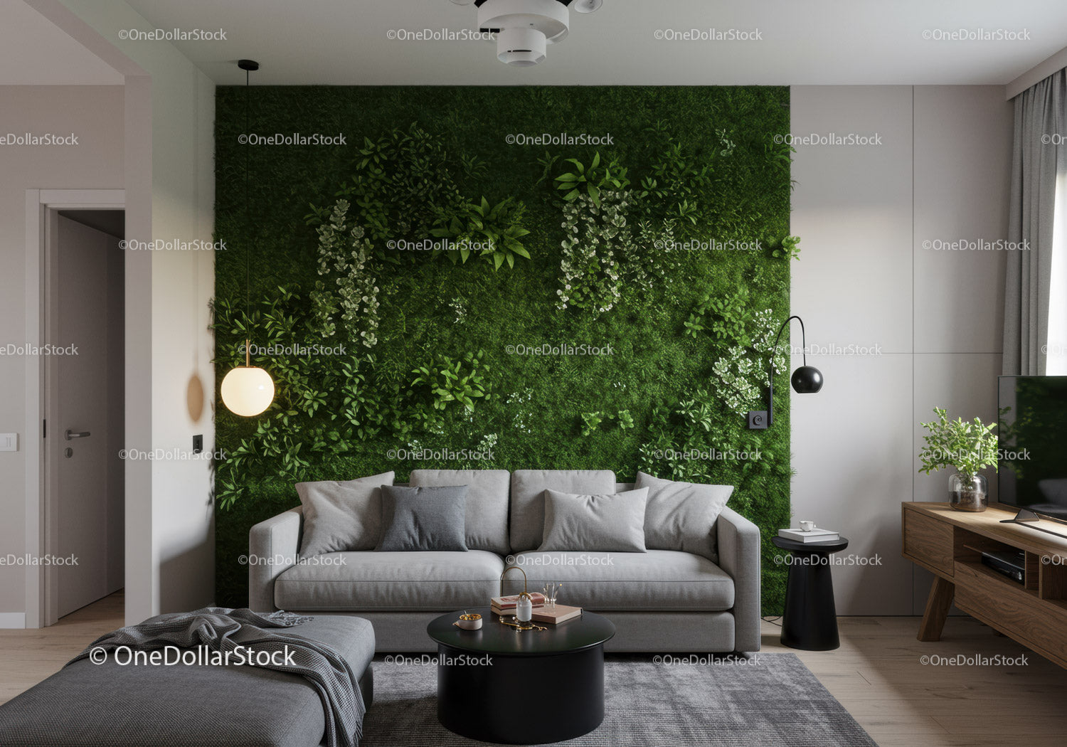 Nowoczesny salon z zieloną ścianą roślinną i wygodną sofą