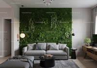 Modern Living Room with Green Plant Wall and Cozy Sofa