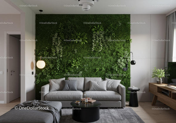 Nowoczesny salon z zieloną ścianą roślinną i przytulną sofą