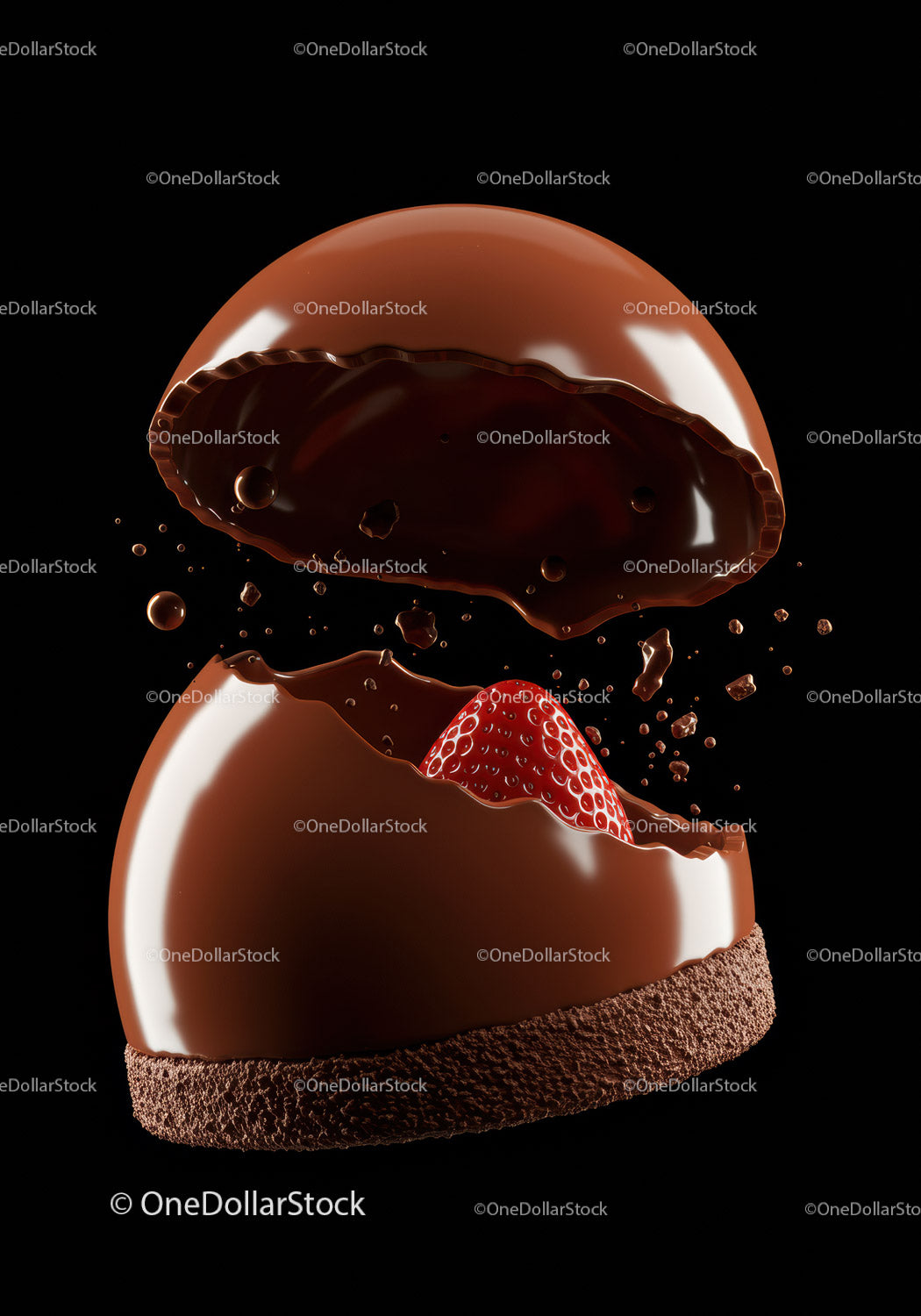 Chocolate Sphere with Fresh Strawberry Center Cracking Open