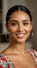 Young Woman with Bright Smile and Hoop Earrings in Close-up Portrait
