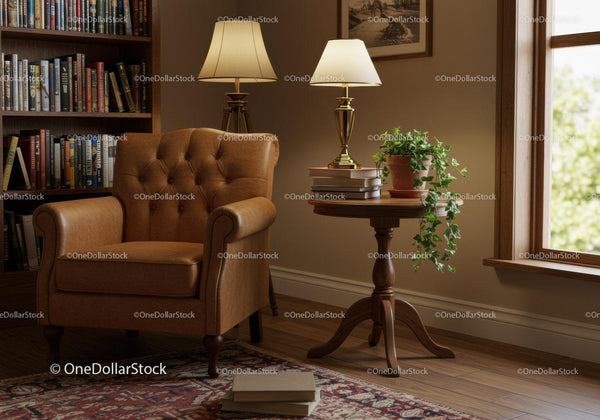 Cozy reading nook with leather armchair and warm lighting