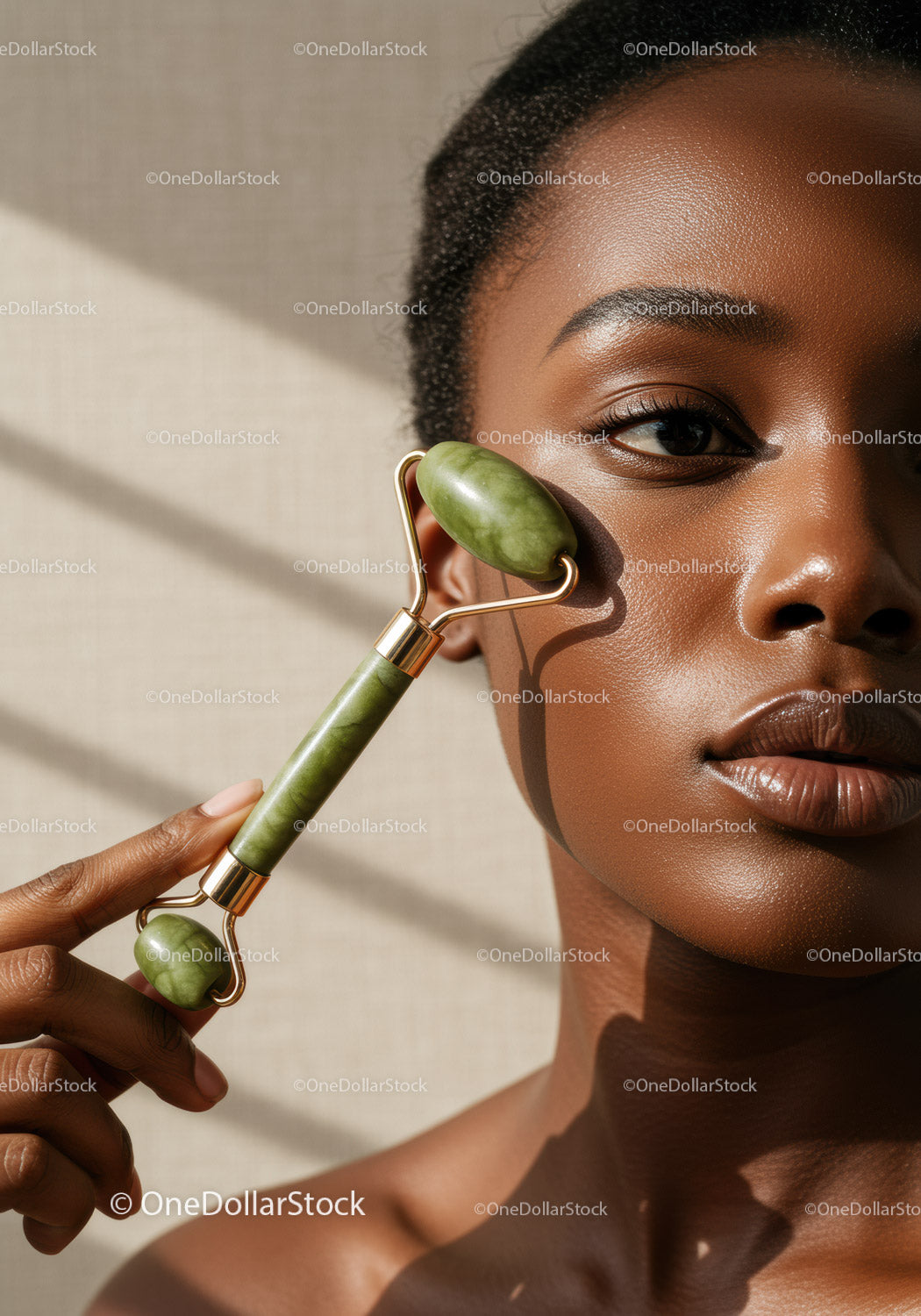 Close-up of a Woman Using a Jade Roller for Skin Rejuvenation