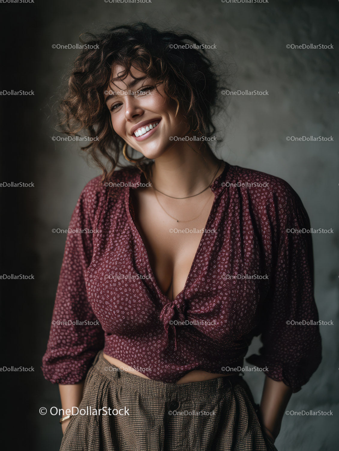Joyful Young Woman with Curly Hair Wearing Patterned Blouse