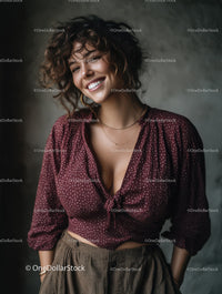 Joyful Young Woman with Curly Hair Wearing Patterned Blouse