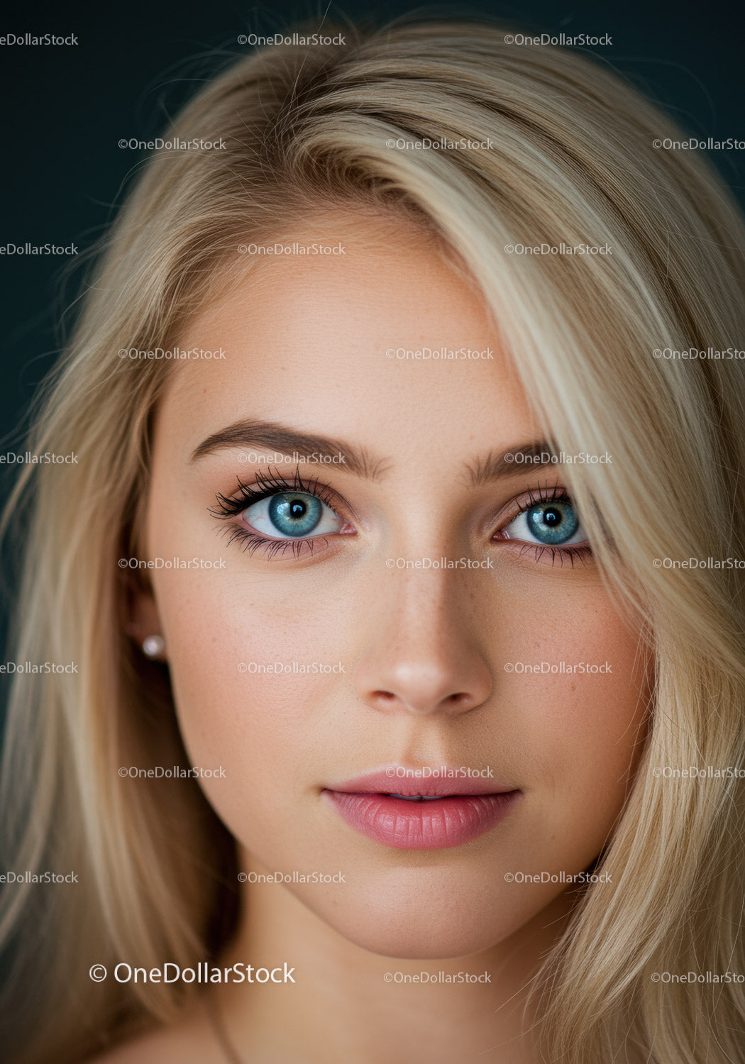 Close-up portrait of young woman with bright blue eyes