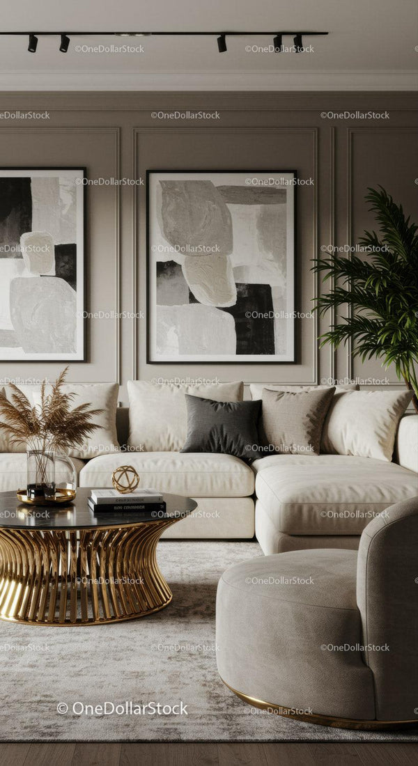 Elegant Living Room with Modern Art and Gold Accents