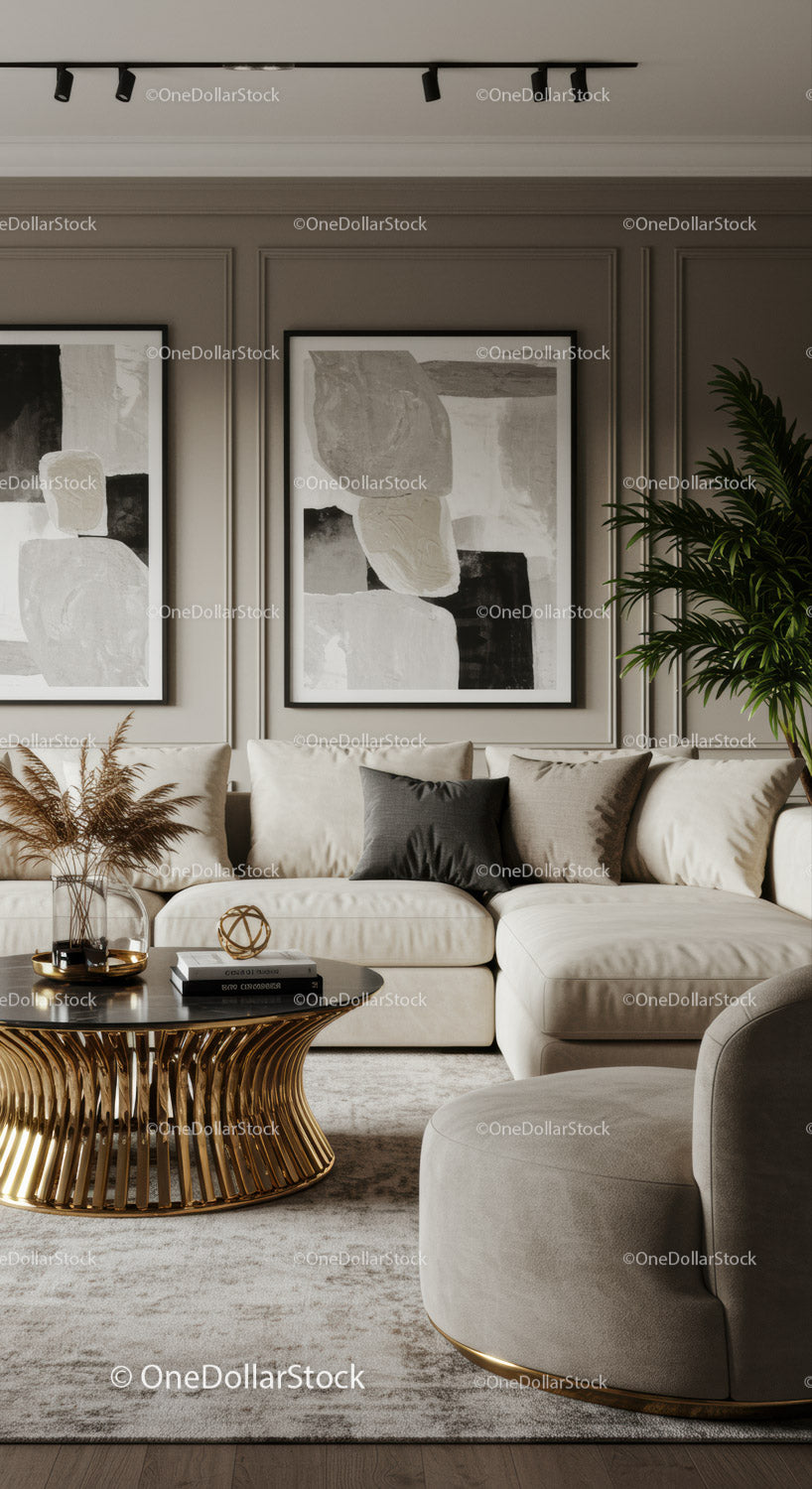 Elegant Living Room with Modern Art and Gold Accents