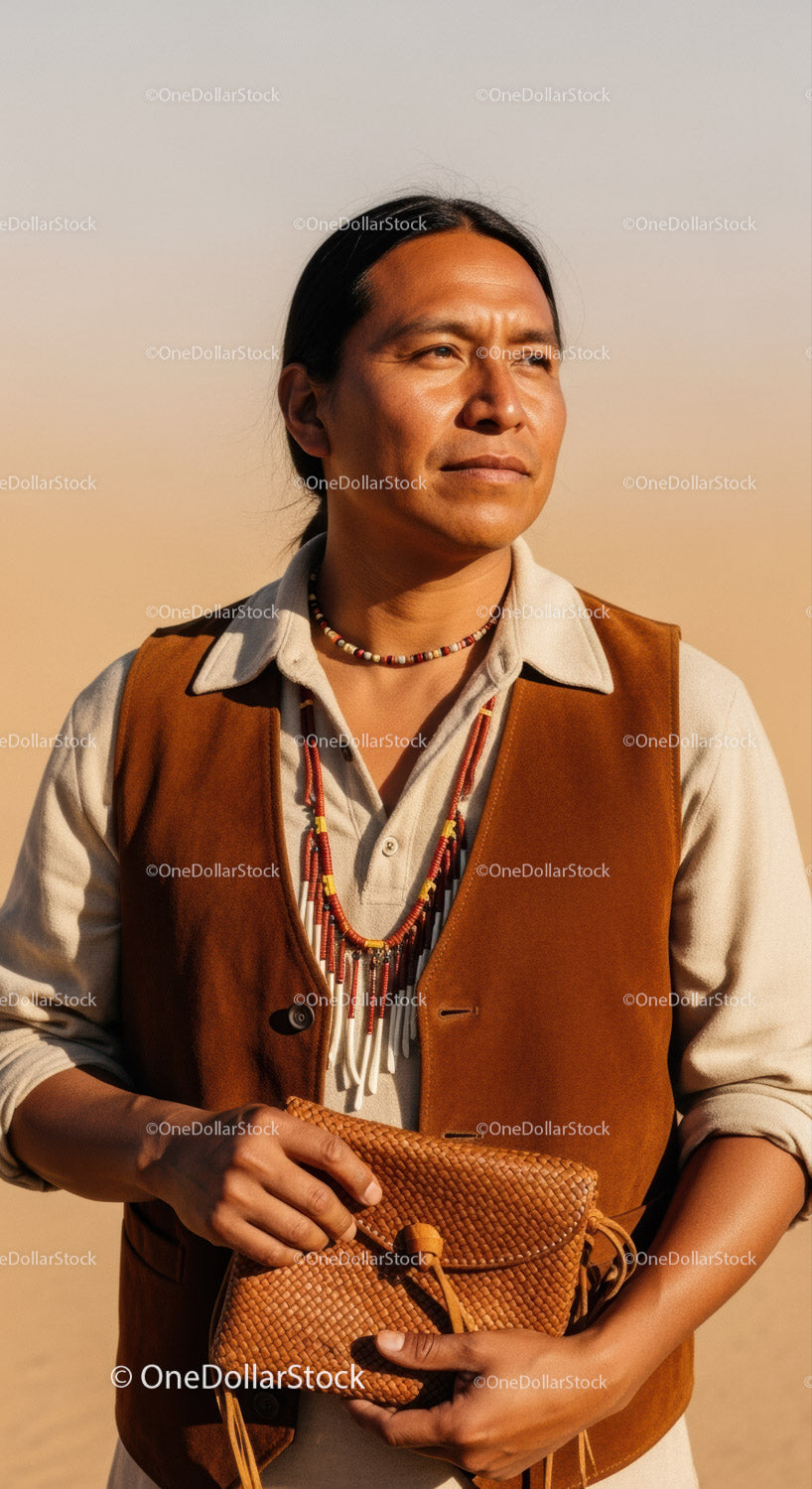 Portrait of a Native Man in Desert with Traditional Jewelry and Leather Bag
