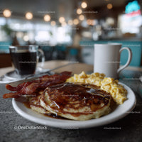 Stack of Fluffy Pancakes with Bacon and Syrup in Cozy Breakfast Setting