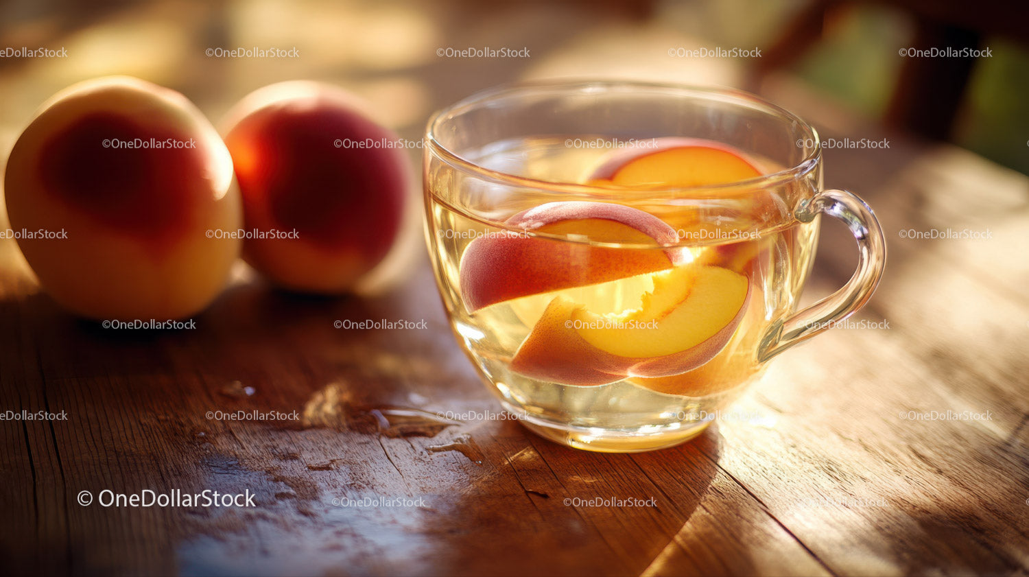 Peach Slices in Glass Cup on Wooden Table with Fresh Peaches