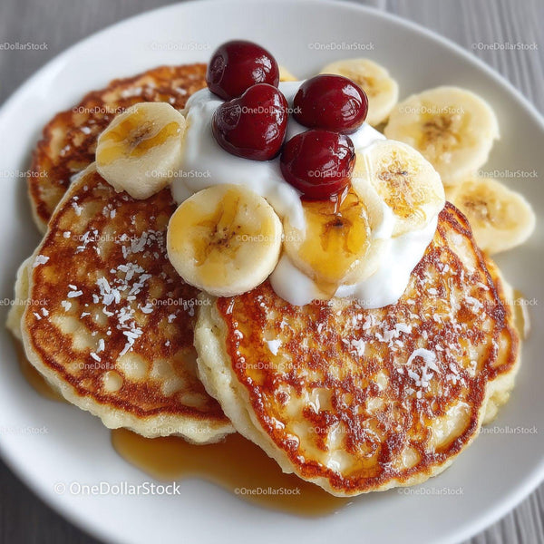Stack of Fluffy Pancakes with Banana Slices and Cherry Topping