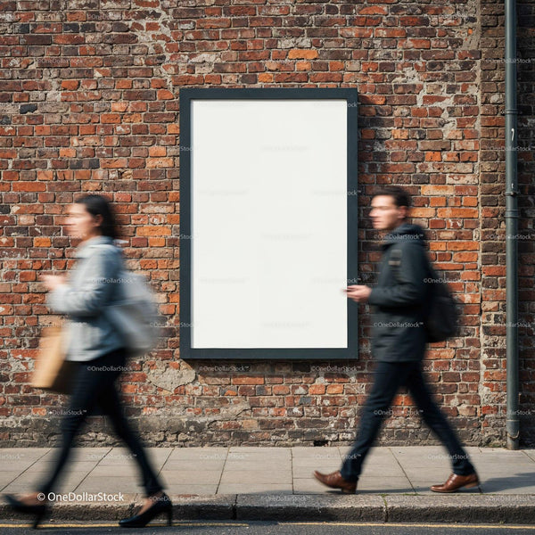People walking past empty poster on brick wall JPG Mockup Image