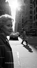 Elderly Woman in Busy City Street Surrounded by Vintage Cars