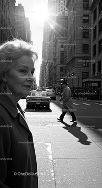 Elderly Woman in Busy City Street Surrounded by Vintage Cars