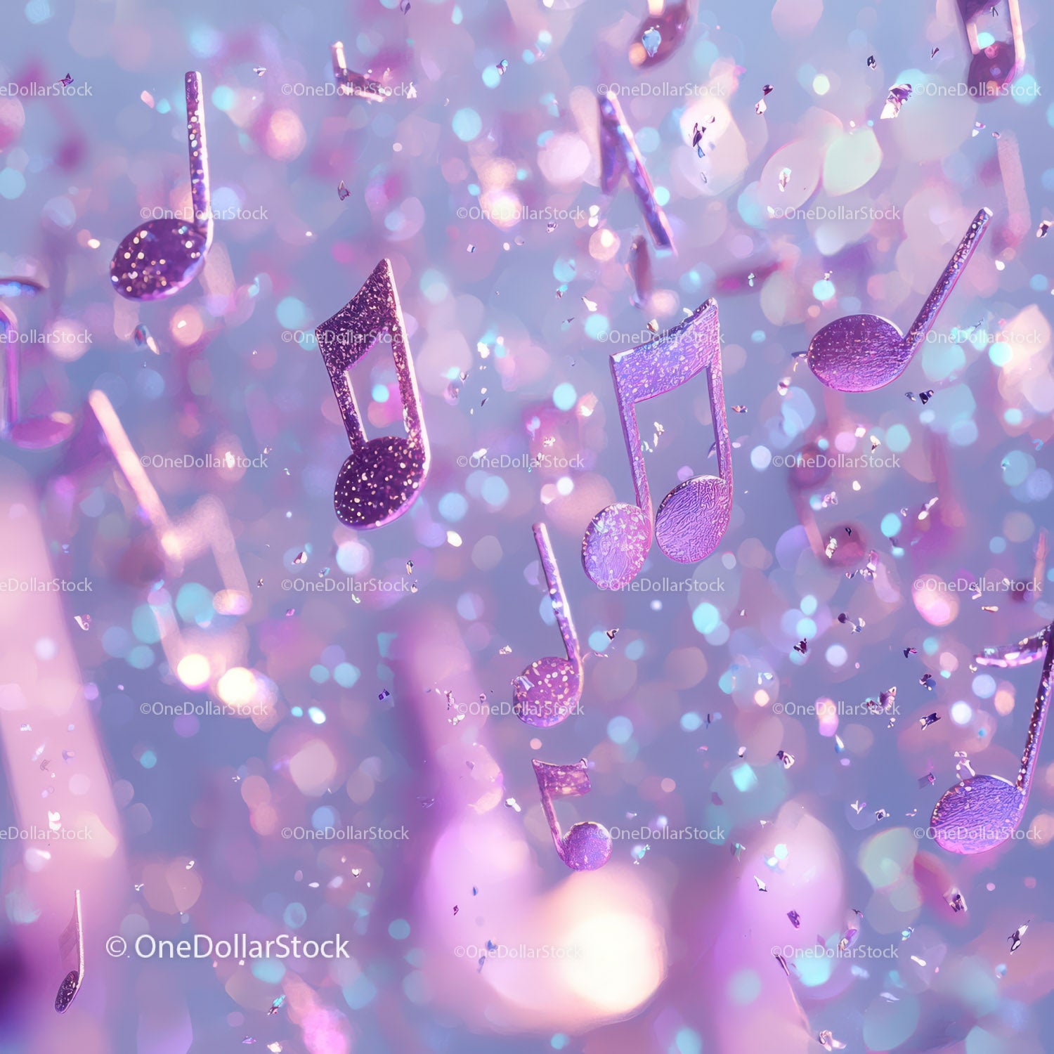 Purple Musical Notes with Glitter and Confetti in Vibrant Celebration Scene